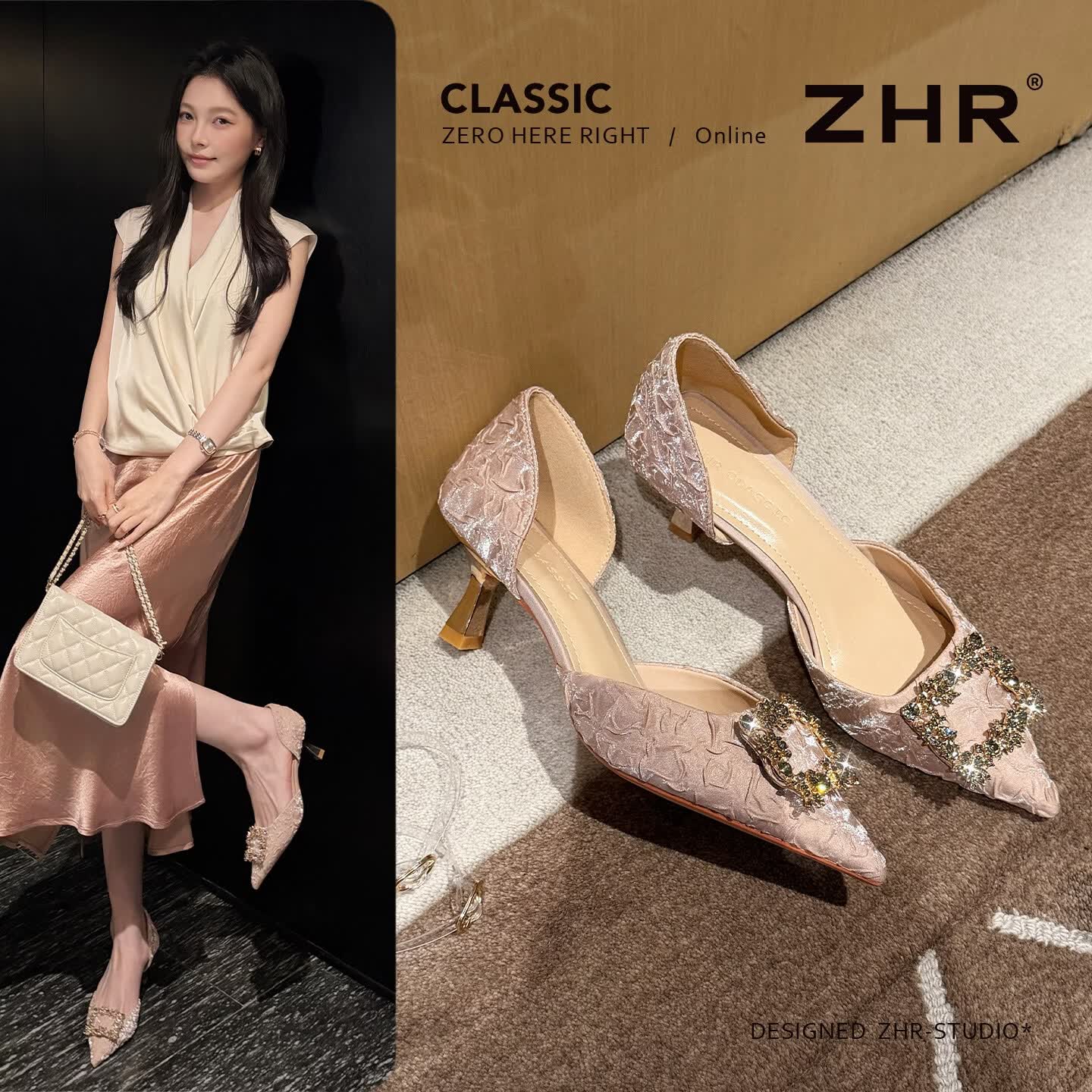 ZHR则则高跟鞋女细闪尖头婚鞋水钻名媛千金凉鞋不累脚单鞋IE125香槟金40