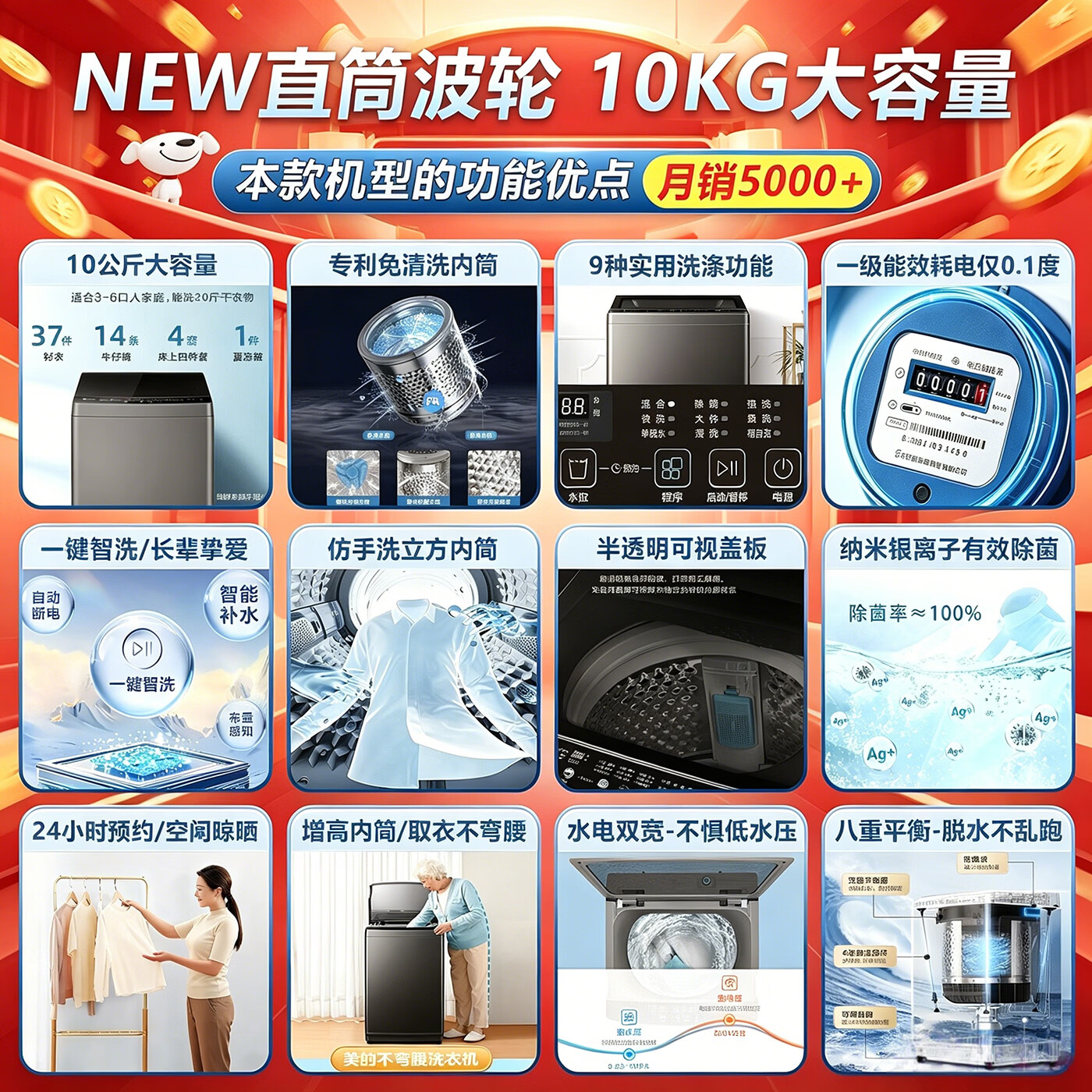 美的（Midea）波轮洗衣机全自动10公斤大容量一级能效家用 免清洗内筒设计 桶自洁15分快洗升级除菌除螨以旧换新 KQ5升级款 波轮 10kg