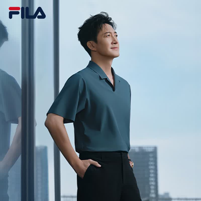 FILA 斐乐王阳同款男子针织短袖POLO衫2026夏季新款商务休闲宽松上衣 深灰蓝色-BU M 170/92A/M