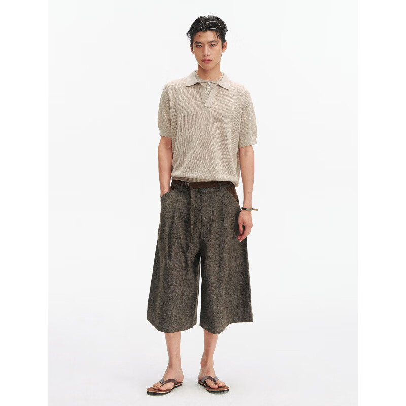 TAICHIISM“麂皮打褶”千鸟格拼接老钱风优雅cleanfit七分短西裤 黑色 XL