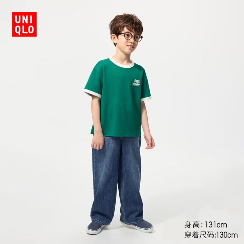 优衣库童装男童女童AIRism棉混纺印花圆领T恤/短袖内搭483419 55 青绿色 110