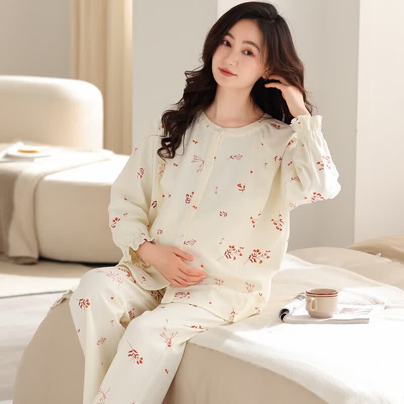 ROVO月子服孕妇装产后睡衣套装夏季薄款产后喂奶产妇哺乳家居服 米色碎花 XXL