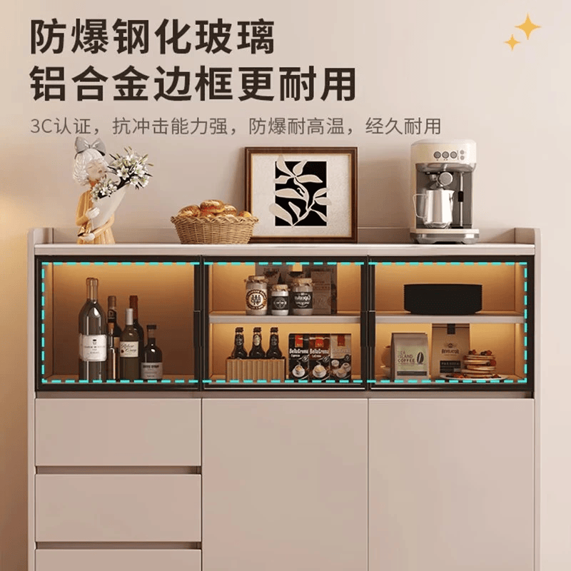 谭士实木餐边柜家用茶水柜轻奢高级感酒柜客厅靠墙一体现代简约储物柜 黑柜+白门 四门高115深36长183【加厚16MM背板包安装】