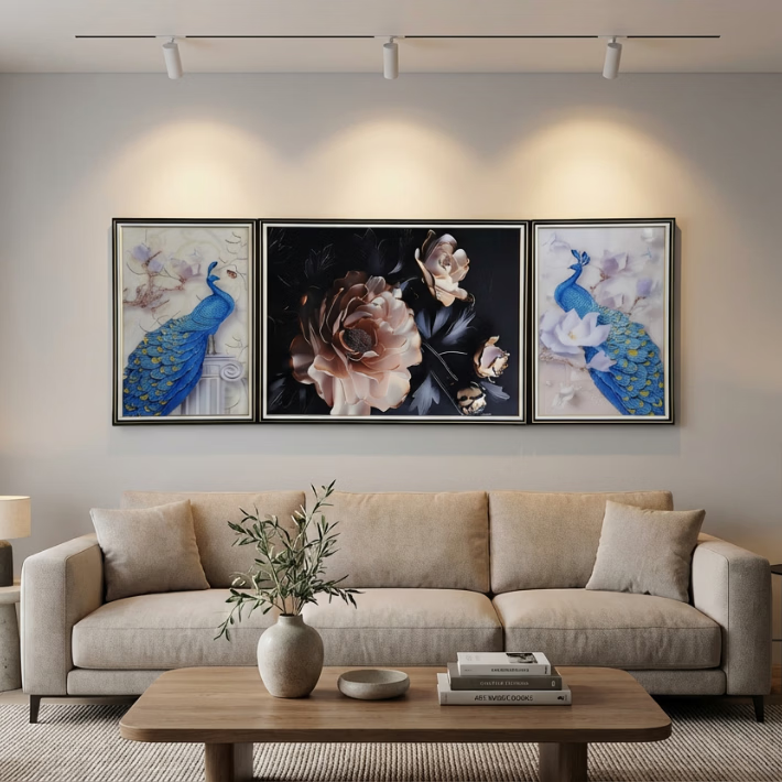 挂画|背靠金山装饰画 挂画客厅办公室三联 沙发背景墙画 孔雀玫瑰三联 45cm*65cm*2+85cm*65cm 黑色钢琴烤漆金边拉丝边框