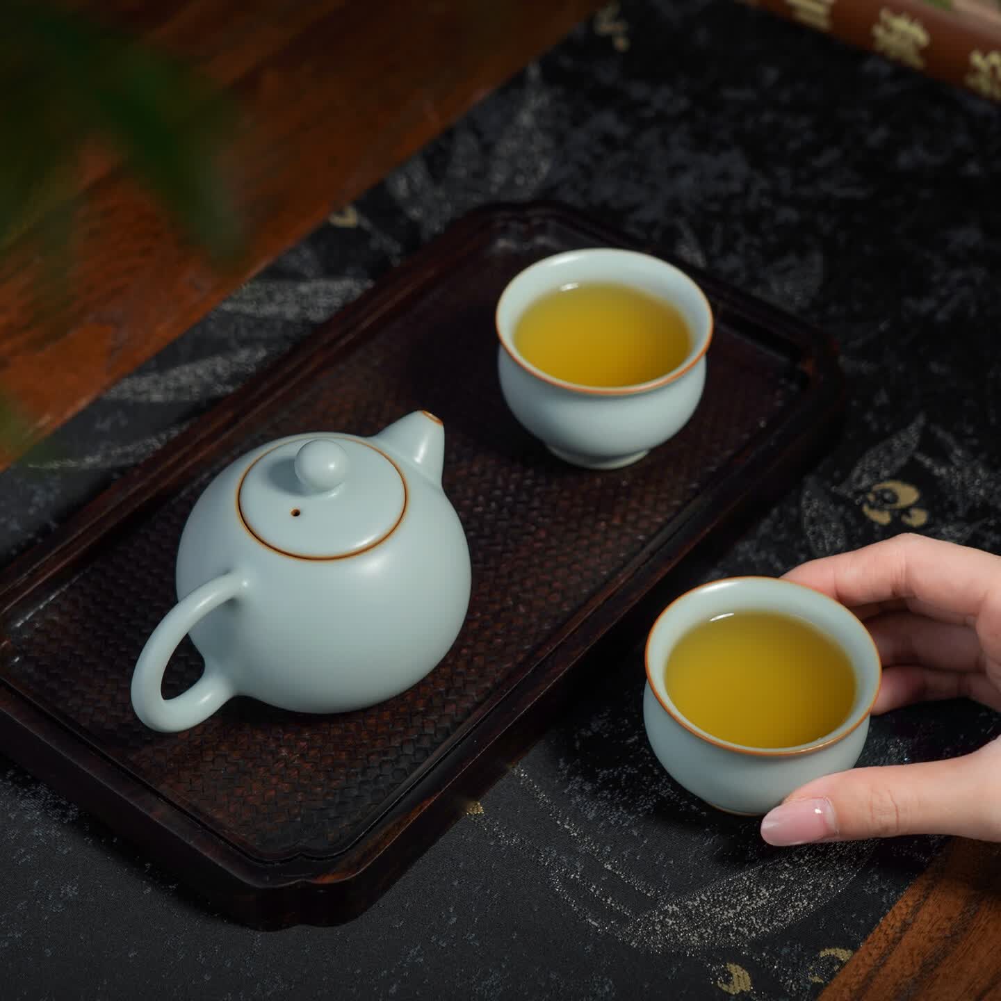 仁慈佑物茶具茶壶盖碗套装汝窑高档礼盒装 全手工陶瓷青瓷 西施元宝茶组 西施元宝茶组  不开片汝窑 3件