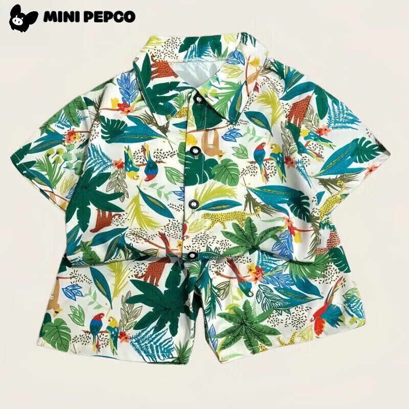 小猪班纳（PEPCO）儿童套装新款韩版短袖短裤衬衫两件套海滩 衬衣套装鹦鹉树 100 cm