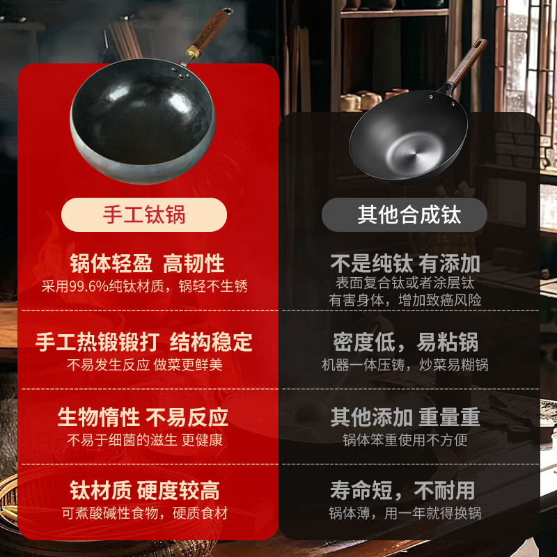 柏仕匠正宗章丘手工热锻纯钛锅TA1食品级0无涂层家用不粘热锻大肚锅双耳 木把 大肚锅+木盖 24cm (1-3人)