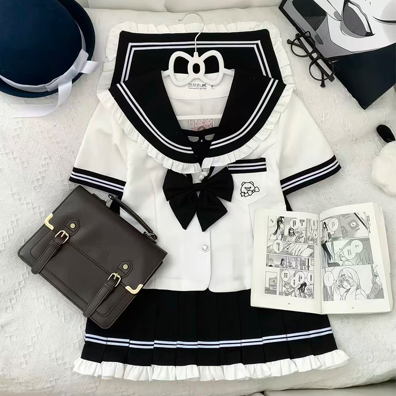 川奈香【月白序】水手服正版原创jk制服短袖学院风百褶裙制服套装 白色款上衣+裙子+黑领结一套 外宋小物 M 90-100斤