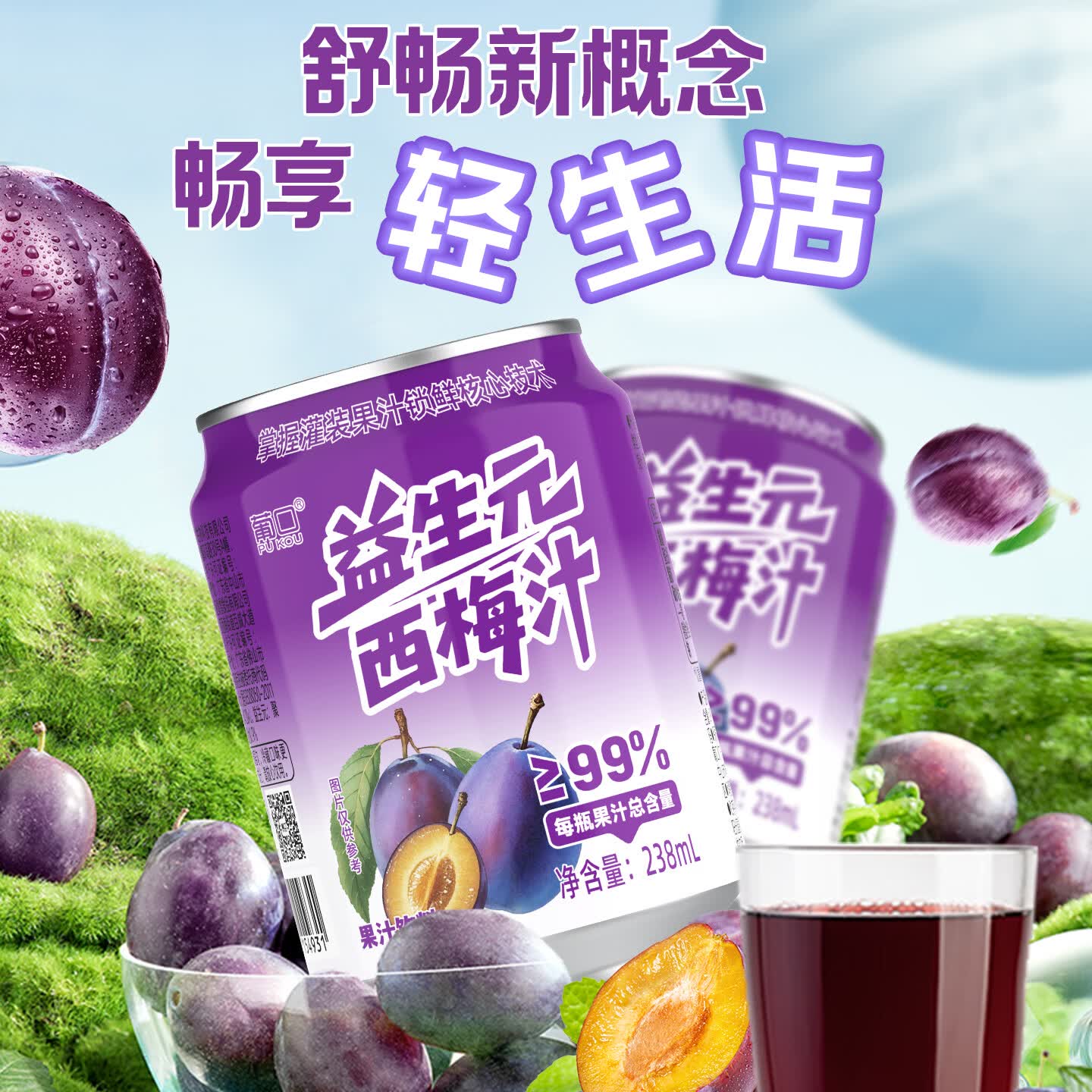 葡口（pukou）果肉饮料果汁0脂肪解腻饮料便携整箱 益生元西梅238ml*10罐 破损包赔