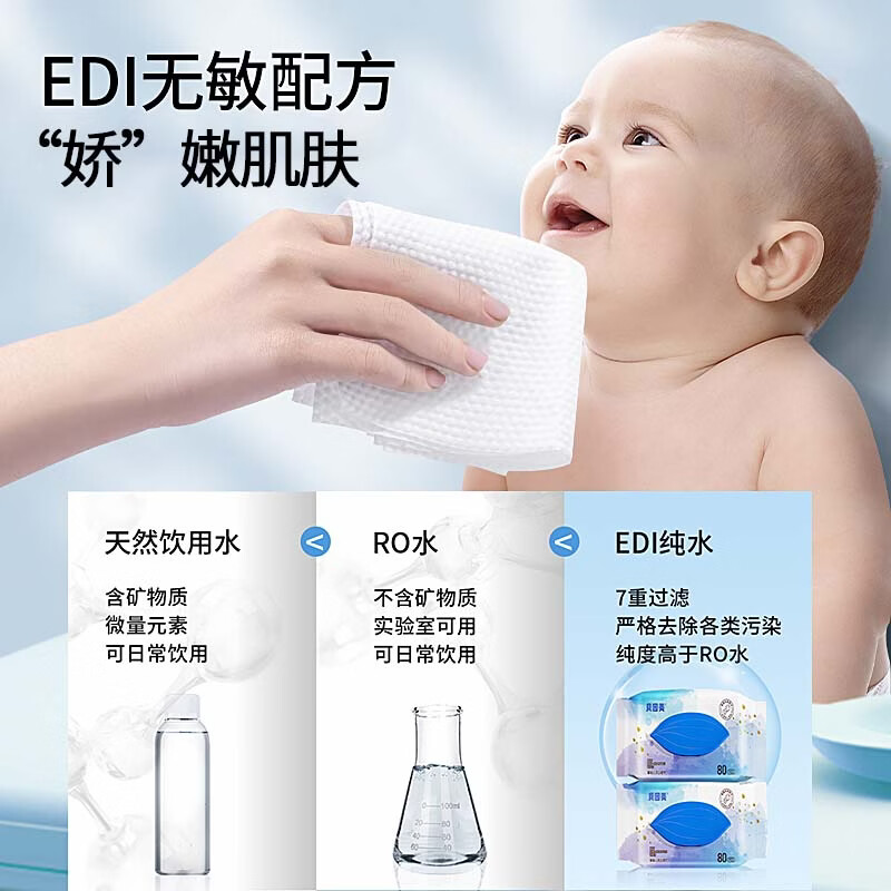 贝因美（Beingmate）卫生抑菌湿巾成人儿童日常清洁擦手擦物家用大包加厚EDI纯水湿巾 【纯水湿巾】80抽*5包 超值囤货
