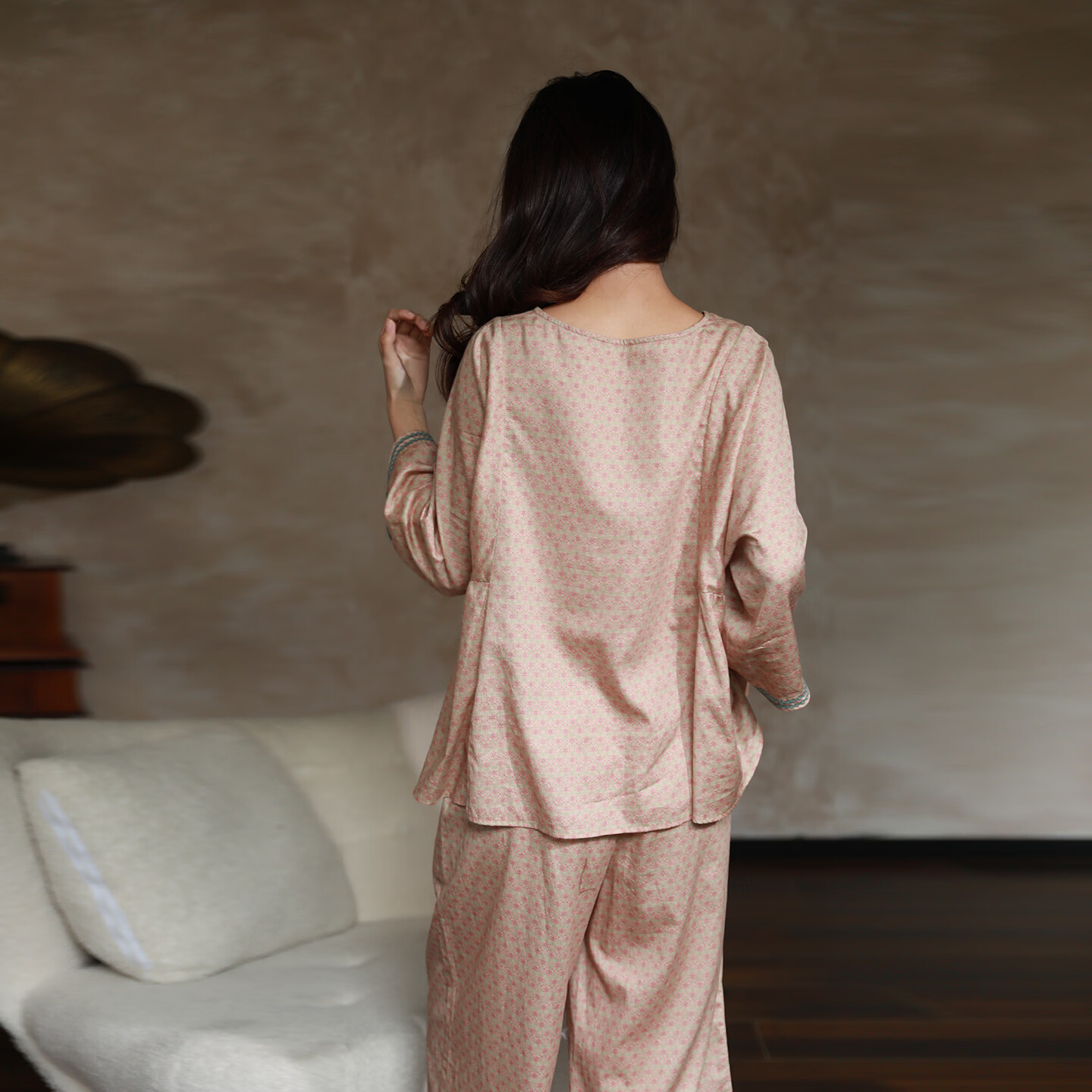 朵朵·可可2026春夏季新款睡衣女纯棉贡缎印花八分袖睡衣套装 杏粉色 M (160)