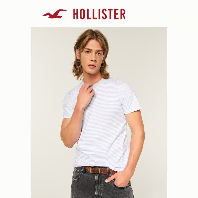 HOLLISTER小海鸥图案美式纯棉舒适运动短袖T恤26夏男装324-6613 浅蓝色条纹 S (175/92A)