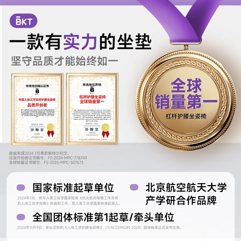 BKT护腰坐垫人体工学腰靠靠背办公座椅久坐靠背腰垫椅靠垫坐姿椅垫子 超大版气质灰+坐垫套【推荐150斤以上适用】
