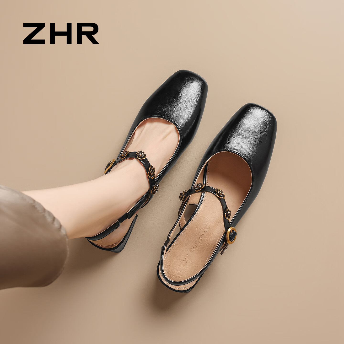 ZHR则则包头凉鞋女2026新款夏季外穿玛丽珍绝美山茶花高跟鞋BL727黑色38