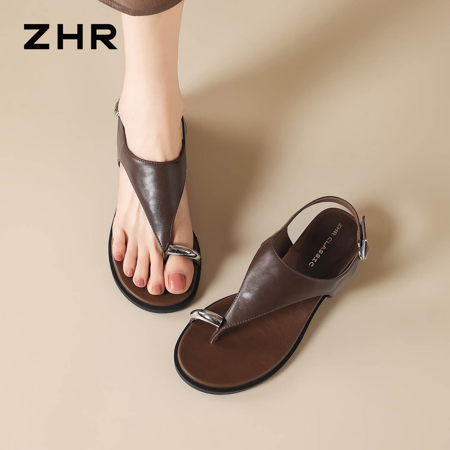ZHR则则夹趾凉鞋女夏季新款内增高坡跟凉鞋一字带厚底罗马女鞋Q85棕色36