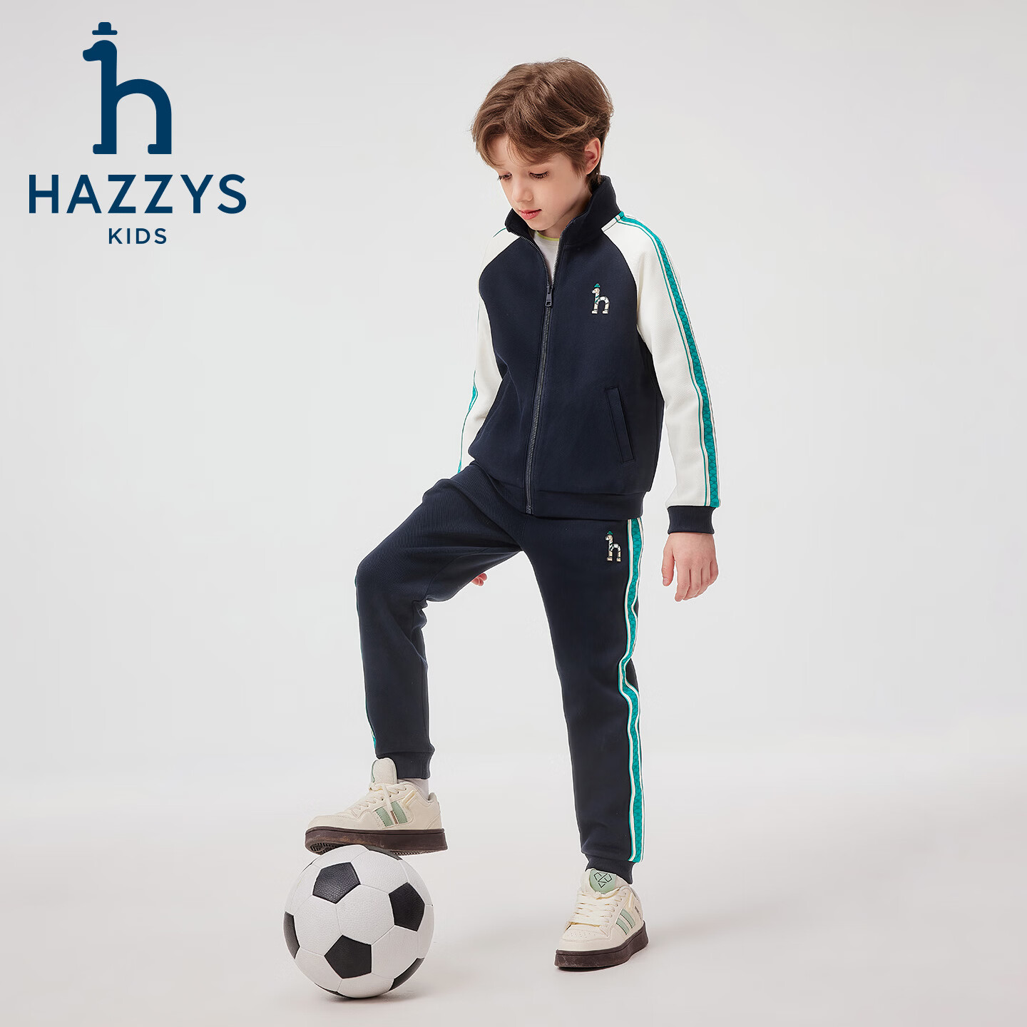 哈吉斯(HAZZYS)童装男女童套装2026春新珠地舒适长袖两件套 藏蓝 145