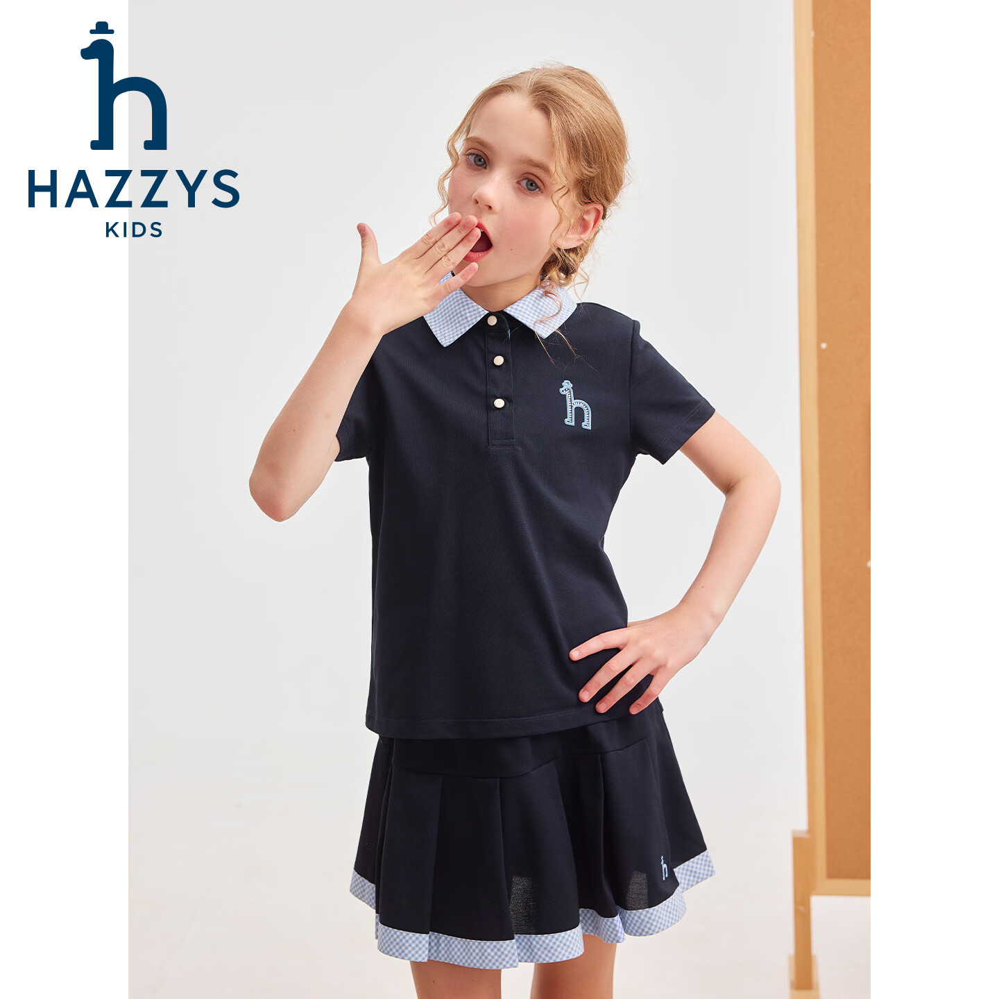 哈吉斯(HAZZYS)童装女童速干套装2026夏季新品大童学院风短袖polo衫儿童甜美短裙 藏蓝 165