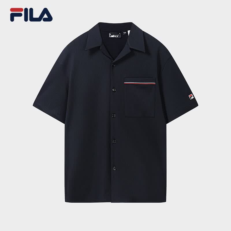 FILA 斐乐官方男士针织短袖外套2026秋新款简约休闲上衣宽松衬衫 启灵蓝-DB M 170/92A/M