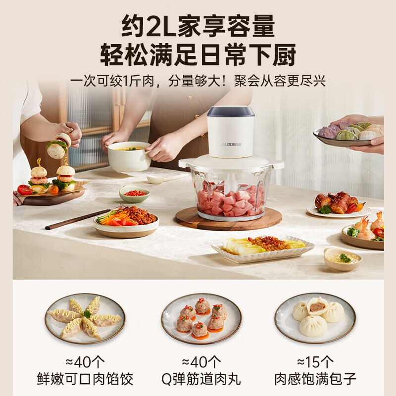 奥克斯绞肉机家用小型 绞馅机 电动绞肉绞菜多功能一体机 辅食机料理机搅肉馅拌机打肉机碎肉机JR116 2L