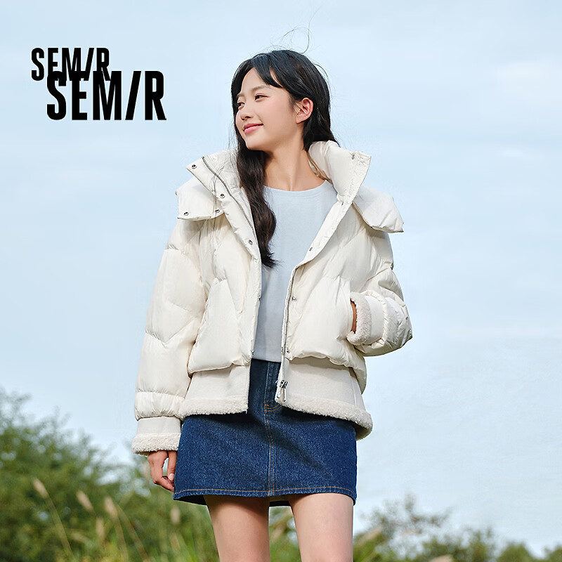 森马(Semir)羽绒服女设计感拼接假两件宽松时尚2024冬季新款连帽外套潮酷 本白(白鸭绒)10101 M