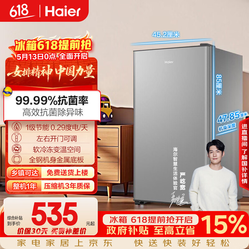海尔（Haier）93L单门小户型冰箱一级能效抗菌净味三档可调软冷冻空间BC-93GHSDE0S9国家补贴