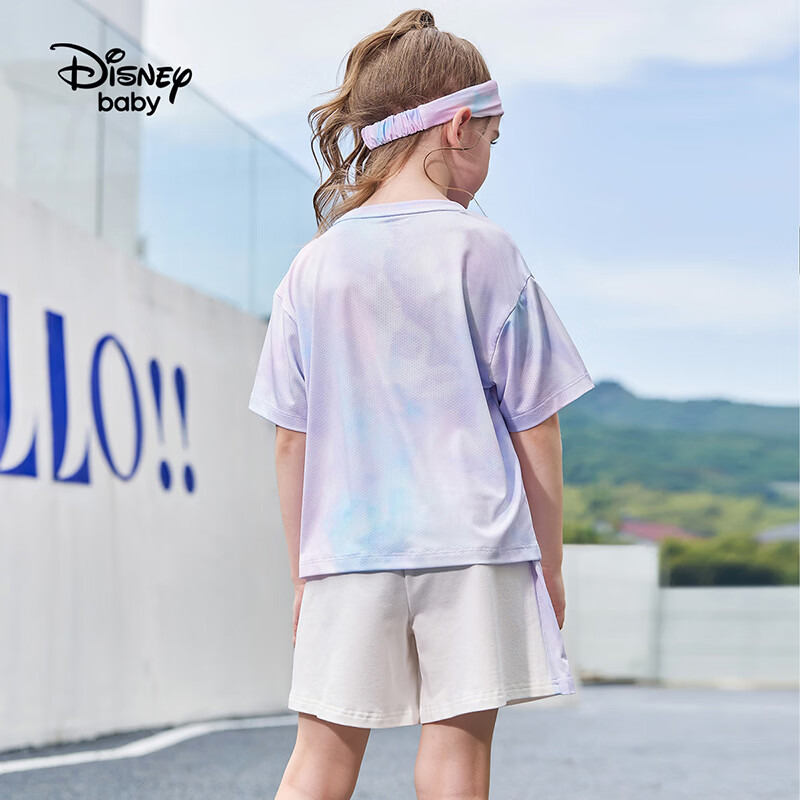 迪士尼（Disney）童装儿童运动套装夏新款跑步男女童短袖休闲两件套夏款上衣短裤 梦幻蓝紫晕染 140 高135-145cm重60-70斤