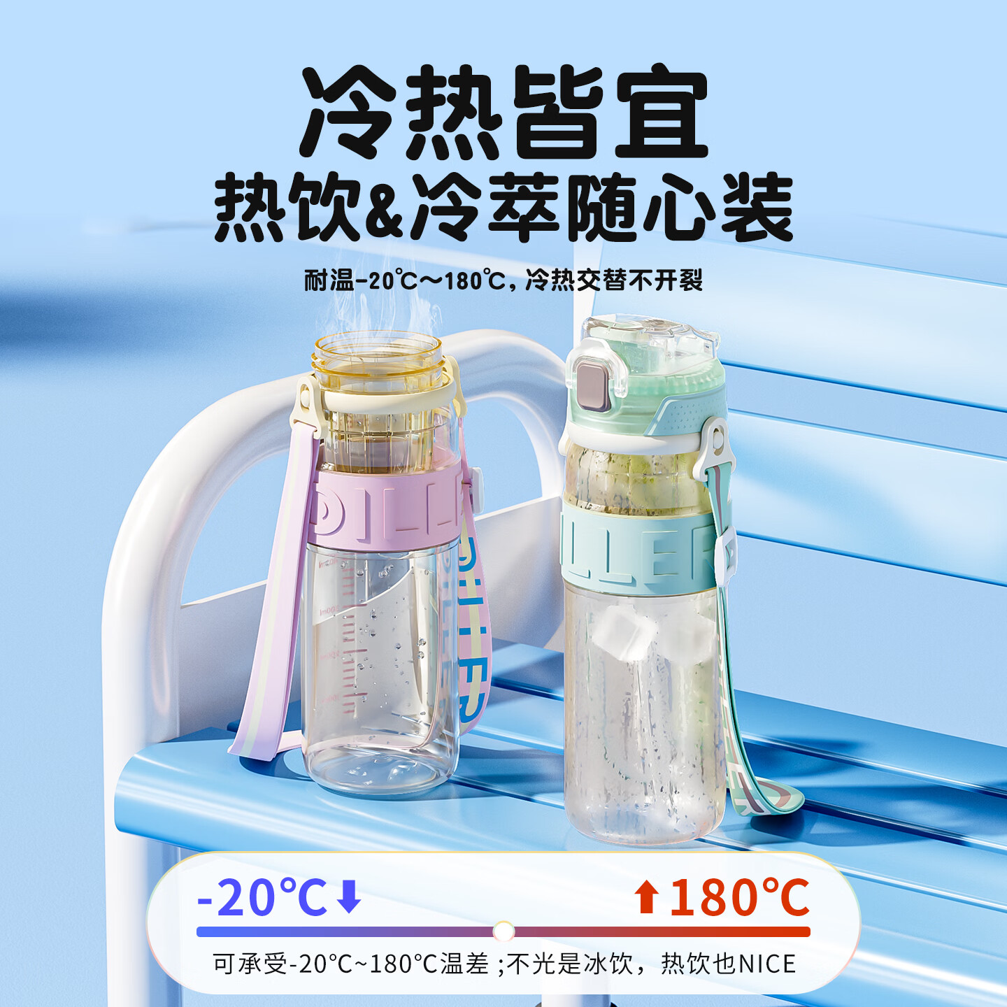 迪乐贝尔吸管儿童水杯PPSU材质幼儿园防摔运动水壶小学生喝水杯户外便携 青色 810ml (刻度+背带)