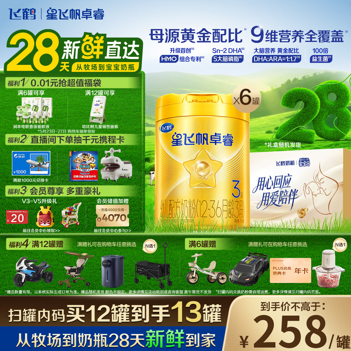 飞鹤星飞帆卓睿 3段幼儿配方奶粉(1-3岁)750g*6罐 HMO 28天新鲜直达