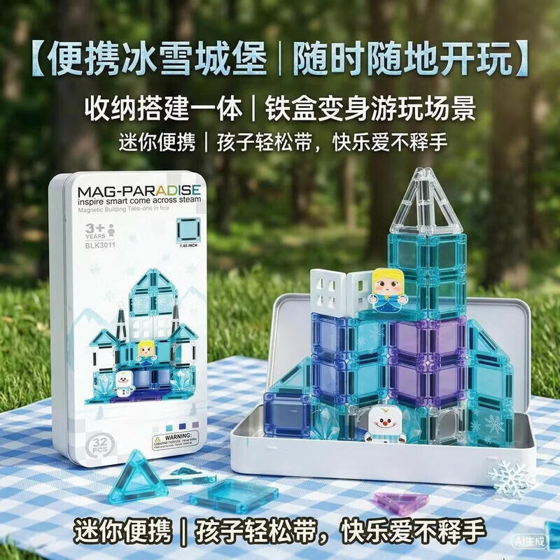 磁力片铁盒便携儿童彩窗磁力片积木益智拼搭男女孩六一节礼物 雪人城堡32片(送收纳盒) 京东折扣/优惠券