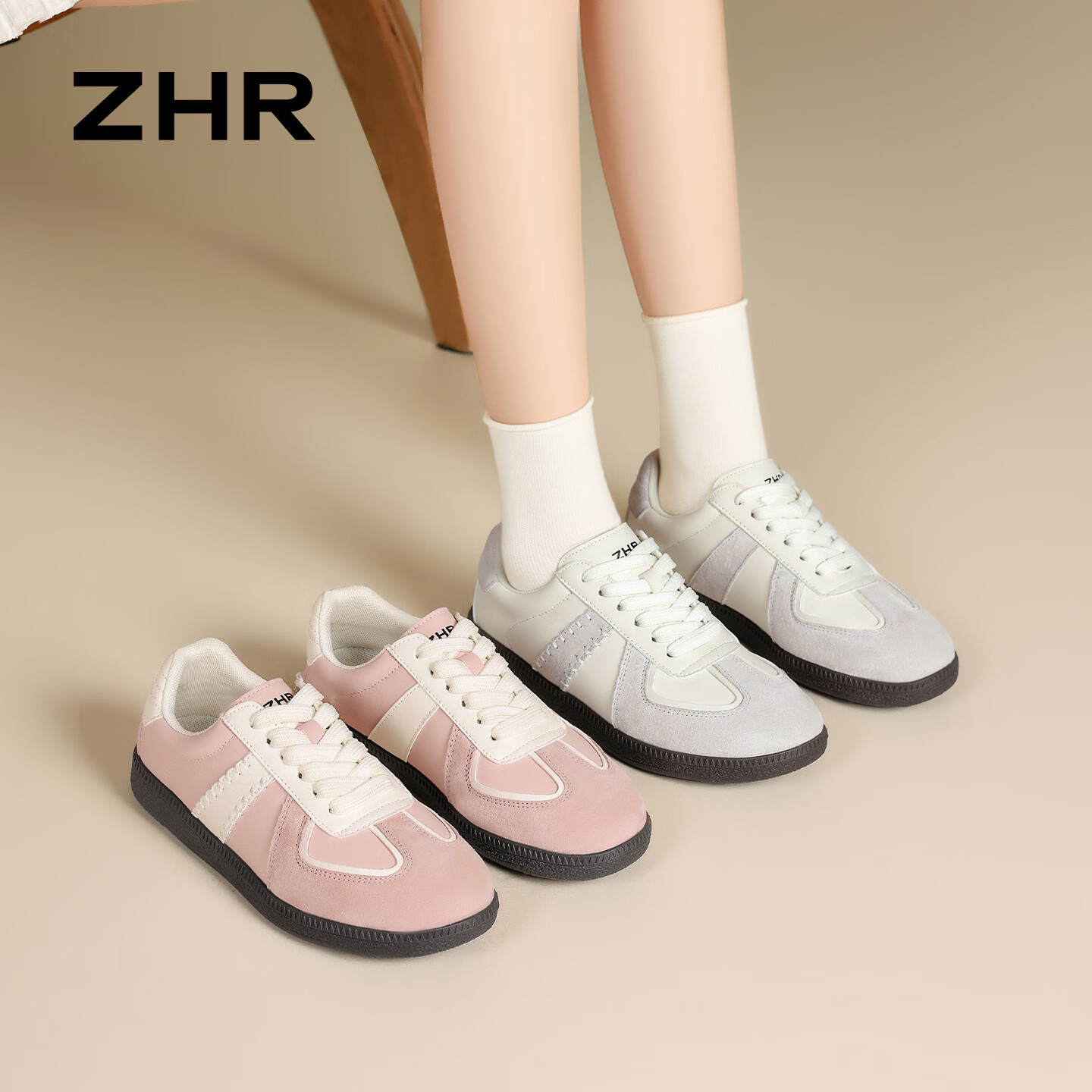 ZHR则则德训鞋女2026新款春秋白色运动休闲鞋小白鞋女平底板鞋 M663 米色 37