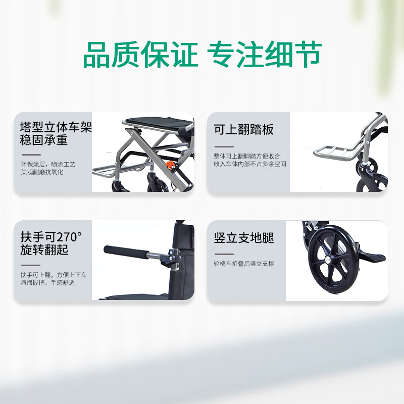筱明轮椅车折叠轻便可上飞机小型铝合金轮椅旅行手推车老人专用购物车 【8寸PU轮】海绵软坐垫【铝合金】