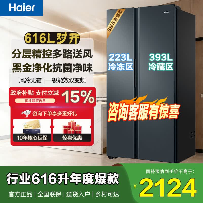 海尔冰箱双开门 616升一级能效双变频风冷无霜大容量家用 对开门二门超薄电冰箱家电国家补贴以旧换新 黑金净化+精控多路送风616WGHSSEDC9