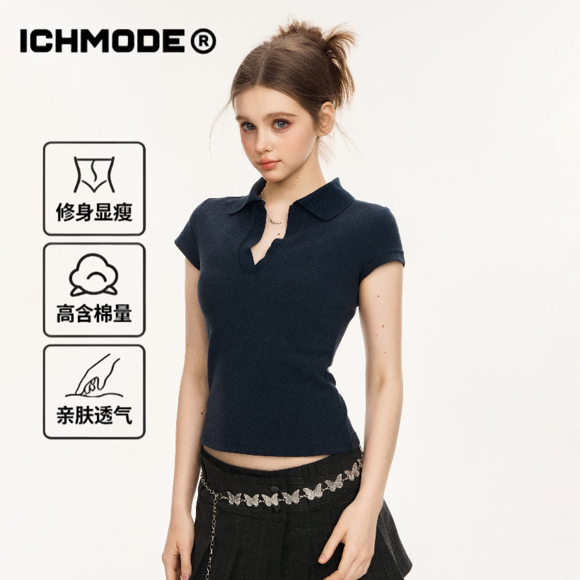ICH MODE复古polo领短袖T恤女2026夏新款正肩修身短款上衣 藏青色 L