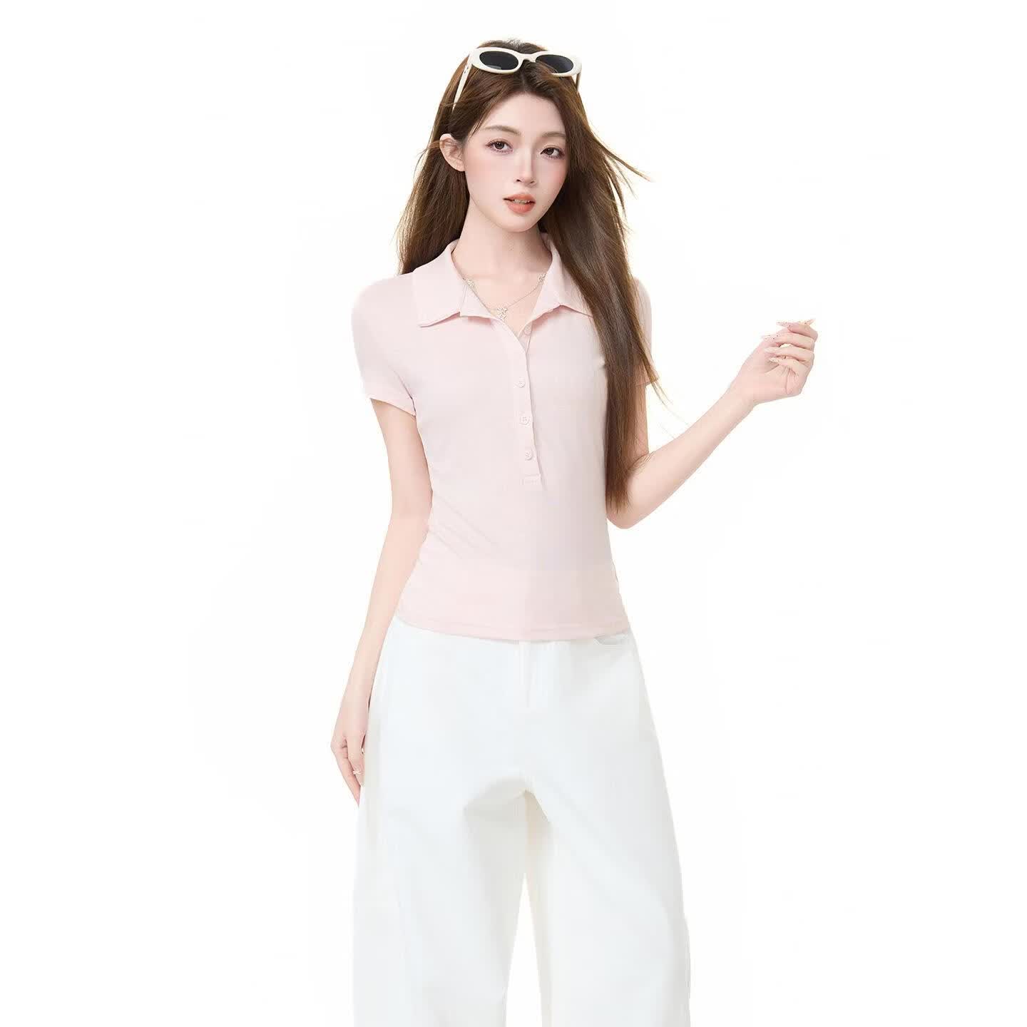 藏蓝色POLO领正肩修身短袖T恤2026夏季新款穿搭通勤百搭上衣女装 藏青色 M