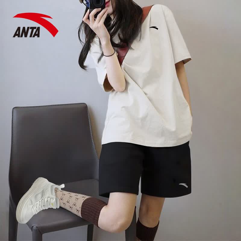 安踏速干套装丨运动套装女士夏季健身训练短袖透气跑步短裤休闲套 【吸湿速干2.0】纯净白/基础黑-1 L /女生建议拍小一码