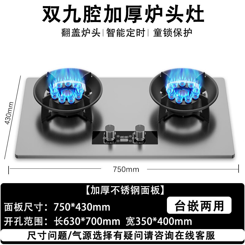 御皇好太太燃气灶煤气灶双灶台5.2KW家用猛火灶魔碟翻盖易清洁天然气灶台嵌两用一级能效煤气炉 定时|双九喷|聚能防风 【不锈钢面板】 【罐装】液化气