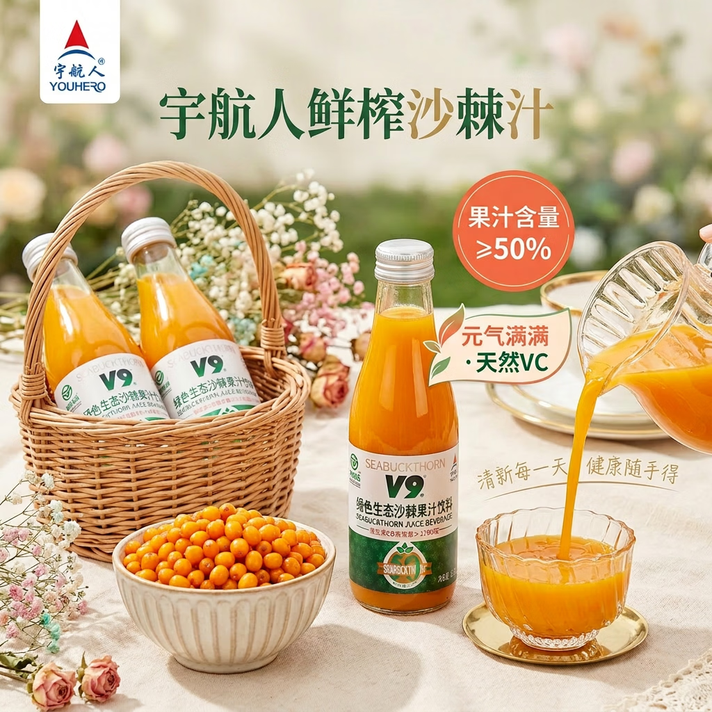 宇航人沙棘果汁饮料内蒙古野生小果沙棘绿色生态A级认证鲜果鲜榨