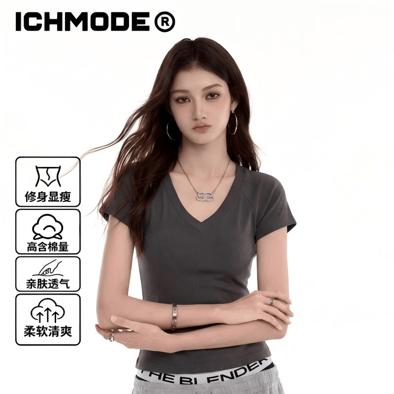 ICH MODE美式修身V领正肩短袖T恤女夏季新款显瘦短款辣妹半袖上衣深灰色L