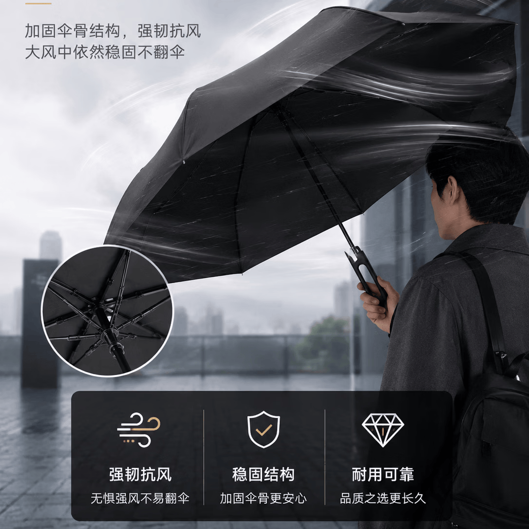 勋阳宇乐全自动雨伞大号加固加厚结实抗风黑胶遮阳防晒折叠双人男女晴雨伞 黑色