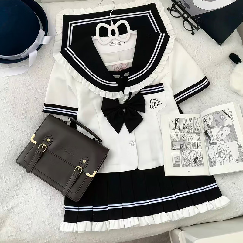 川奈香【月白序】水手服正版原创jk制服短袖学院风百褶裙制服套装 白色款上衣+裙子+黑领结一套 外宋小物 M 90-100斤