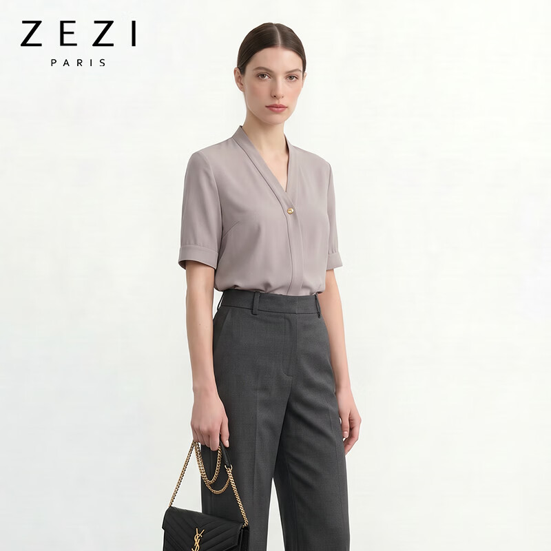 ZEZIV领醋酸衬衫短袖单排暗扣女时尚衬衣气质休闲通勤衬衫2026夏新款 雅银灰 M （100-110斤）