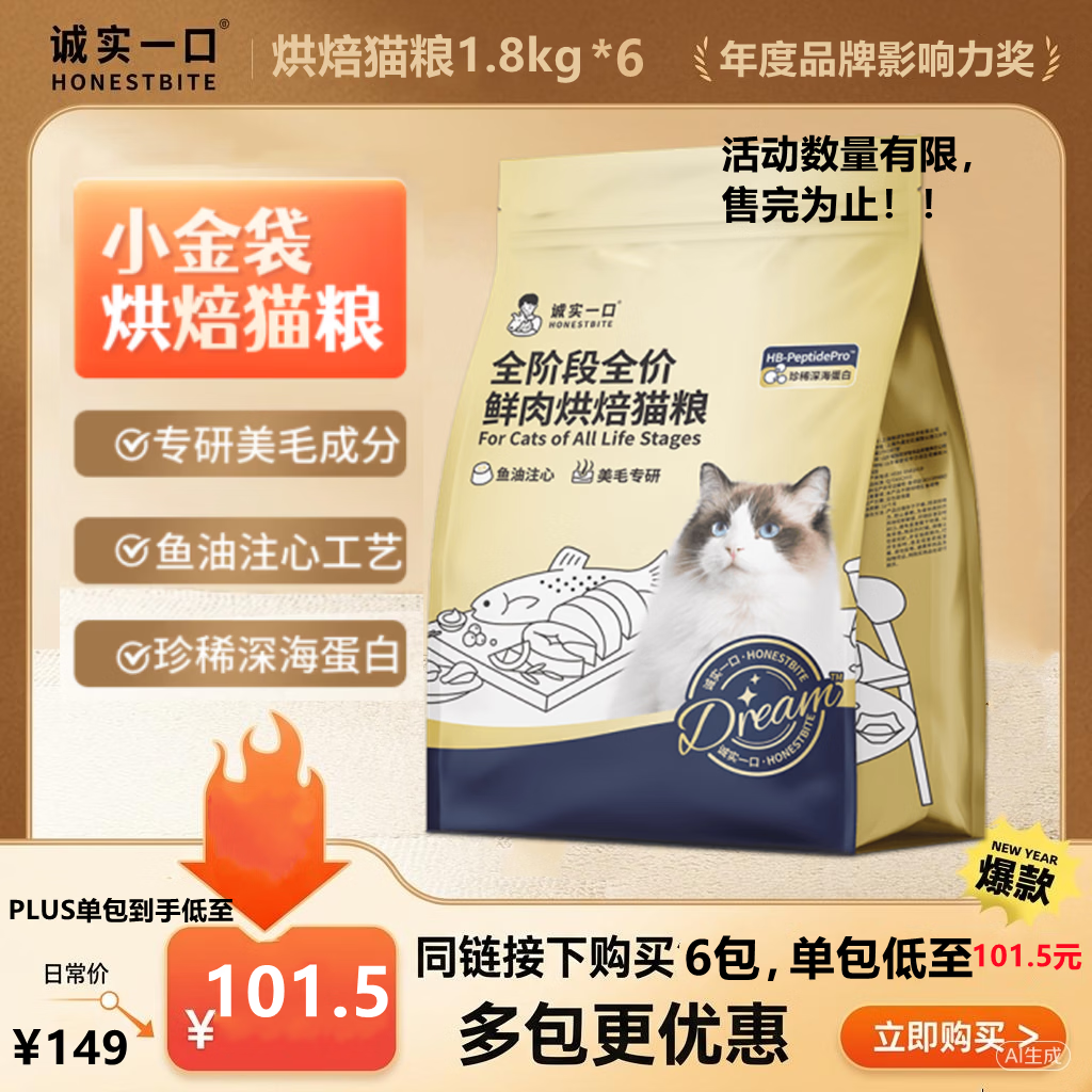 诚实一口Dream奇迹小金袋全阶段全价鲜肉烘焙猫粮1.8kg*6包
