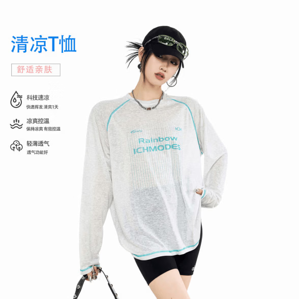 ICH MODE莱赛尔哈苏线物理防晒罩衫女夏季凉感宽松长袖T恤上衣 白花灰 S