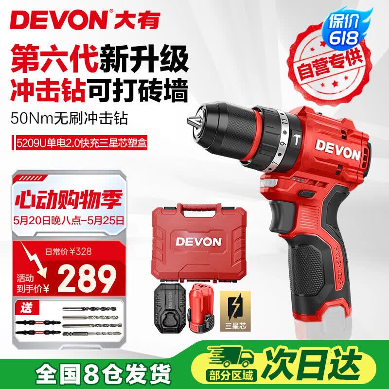大有（Devon）京东集采JC系列12V无刷冲击手电钻电动螺丝刀电动工具5209U塑盒装