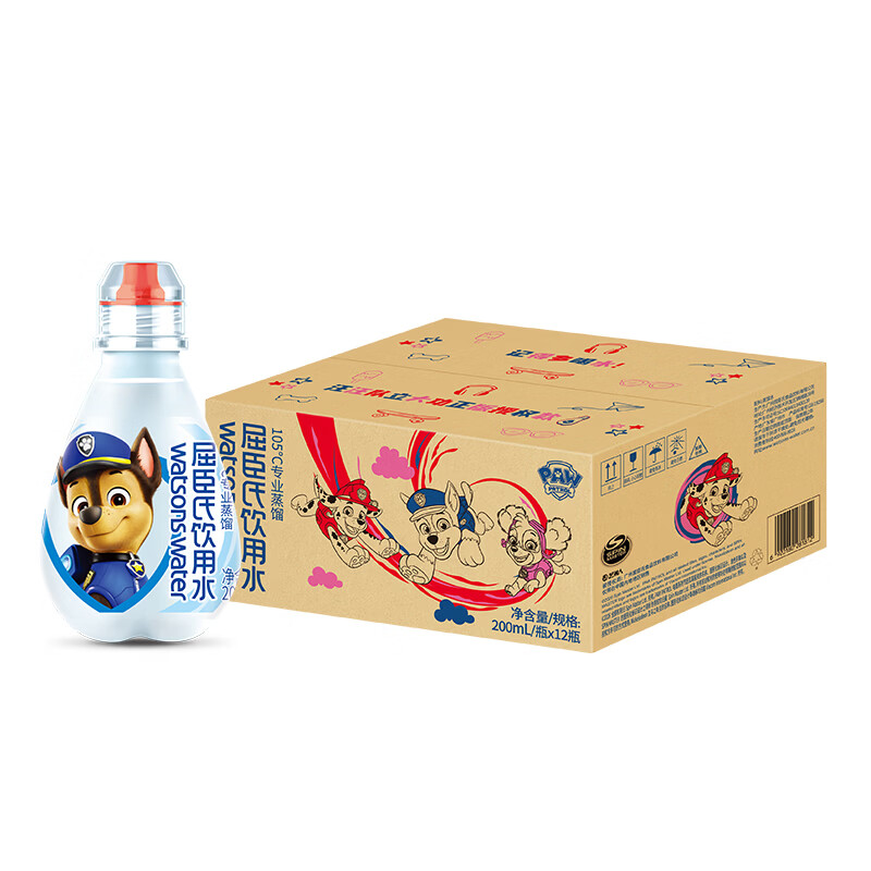 屈臣氏儿童水汪汪队款宝宝水200mL*12瓶蒸馏水纯净水整箱小瓶水赠盲卡