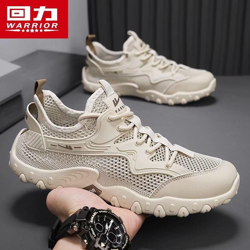 回力(Warrior)男鞋2026新款夏季透气网面薄款镂空网鞋休闲运动轻便溯溪鞋男 米色 42