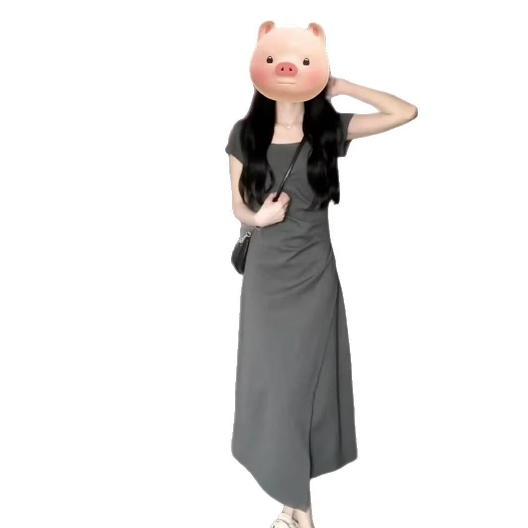 茶歇法式方领灰色连衣裙女2026夏季设计感小众修身显瘦气质长裙 黑色 2XL