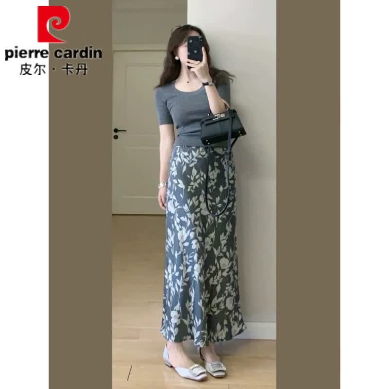 皮尔卡丹(pierre cardin)度假风时尚收腰显瘦套装女夏季灰色修身T恤高腰碎花半身裙两件套 【套装】灰色上衣+印花半身裙 2XL 125-140斤