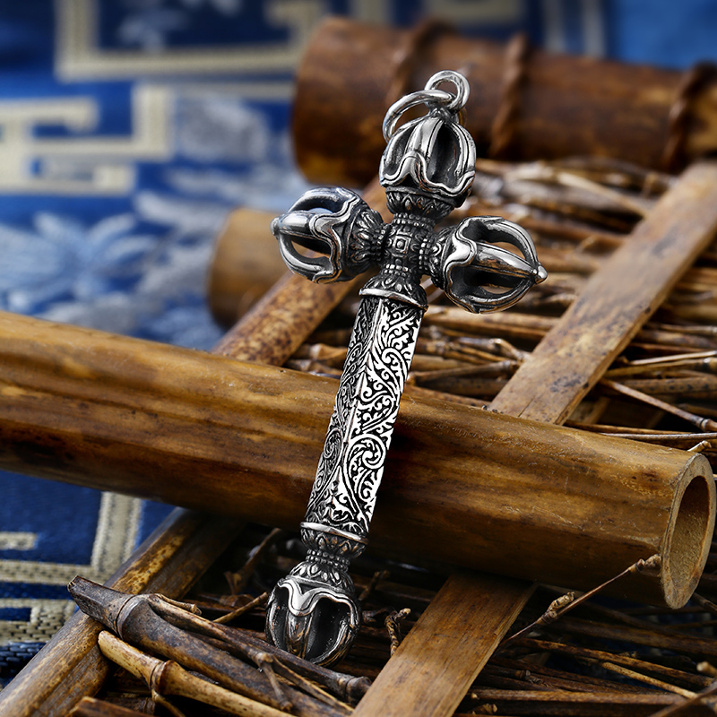 【提伯斯】十字金刚杵吊坠银男士项链挂件降魔杵个性护身符泰银潮男