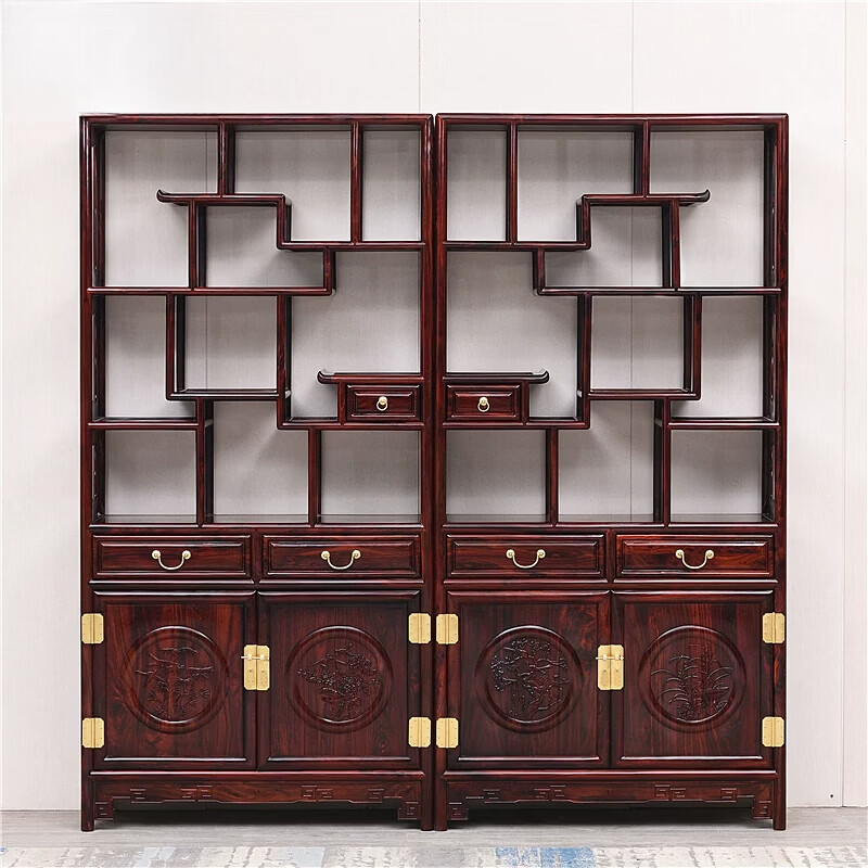 家具印尼黑酸木博古架多宝阁阔叶黄中式古典古董架展示架 2组合(阔叶黄)